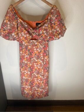 VICI Floral Puff Sleeve Midi Dress XS Orange Coral Cutout Cottagecore.